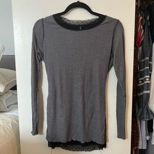 long sleeve grey knit shirt with black lace trim size M